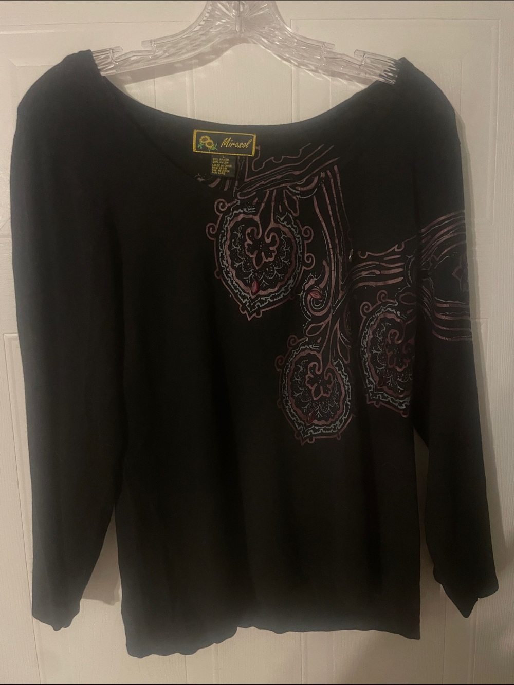 Mirasol Black Long-Sleeve Top with Pink Paisley Accents